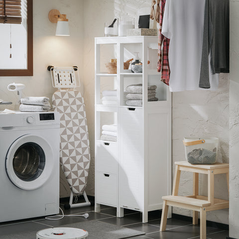 SoBuy BZR123-W Badkamer Kolomkast, Badkamerkast, Hoge Kast, Staande Kolomkast, Opbergkast Opbergplank met 2 Planken en 1 Wasmand