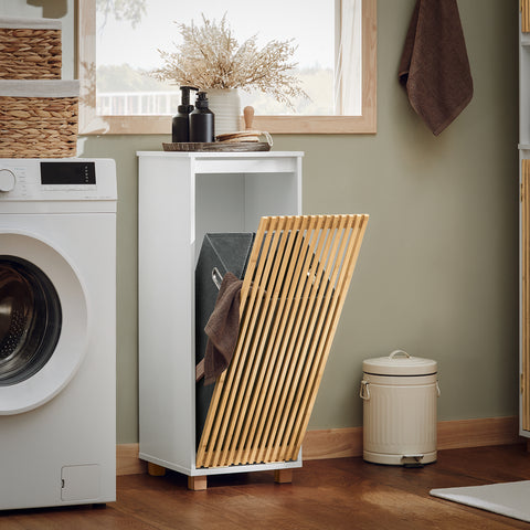 SoBuy BZR126-W Staande Badkamerkast, Lage Kast, Smal Badkamerkastje, Halfhoge met 1 Kantelbare Wasmand et Bamboe Deur