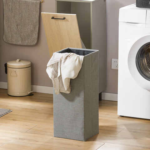 SoBuy BZR132-NG Badkamerkast, Lage Kast, Smal Badkamerkastje, Halfhoge Opbergkast, Opbergplank, Badkamermeubel met 1 Kantelbare Wasmand