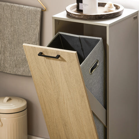 SoBuy BZR132-NG Badkamerkast, Lage Kast, Smal Badkamerkastje, Halfhoge Opbergkast, Opbergplank, Badkamermeubel met 1 Kantelbare Wasmand