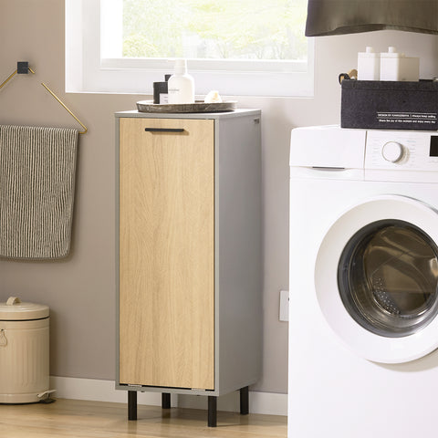 SoBuy BZR132-NG Badkamerkast, Lage Kast, Smal Badkamerkastje, Halfhoge Opbergkast, Opbergplank, Badkamermeubel met 1 Kantelbare Wasmand