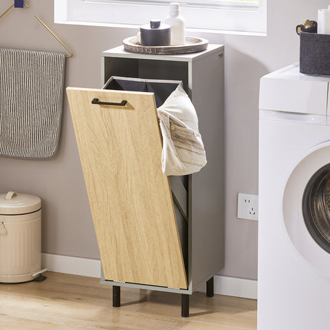 SoBuy BZR132-NG Badkamerkast, Lage Kast, Smal Badkamerkastje, Halfhoge Opbergkast, Opbergplank, Badkamermeubel met 1 Kantelbare Wasmand