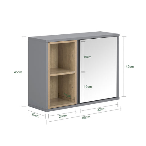 SoBuy BZR149-DG Wandkast met spiegel voor badkamer, hangende opbergkast, hoge badkamerkast met deur en 2 open vakken, 60 x 20 x 45 cm