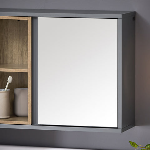 SoBuy BZR149-DG Wandkast met spiegel voor badkamer, hangende opbergkast, hoge badkamerkast met deur en 2 open vakken, 60 x 20 x 45 cm