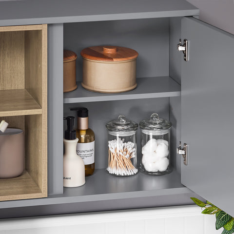 SoBuy BZR149-DG Wandkast met spiegel voor badkamer, hangende opbergkast, hoge badkamerkast met deur en 2 open vakken, 60 x 20 x 45 cm