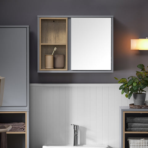 SoBuy BZR149-DG Wandkast met spiegel voor badkamer, hangende opbergkast, hoge badkamerkast met deur en 2 open vakken, 60 x 20 x 45 cm