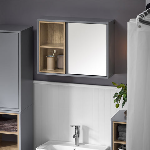 SoBuy BZR149-DG Wandkast met spiegel voor badkamer, hangende opbergkast, hoge badkamerkast met deur en 2 open vakken, 60 x 20 x 45 cm