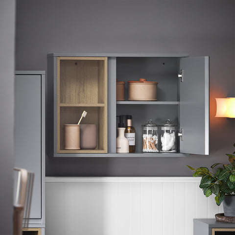 SoBuy BZR149-DG Wandkast met spiegel voor badkamer, hangende opbergkast, hoge badkamerkast met deur en 2 open vakken, 60 x 20 x 45 cm