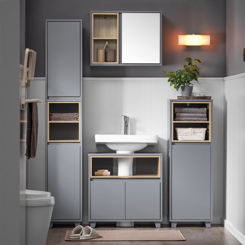 SoBuy BZR149-DG Wandkast met spiegel voor badkamer, hangende opbergkast, hoge badkamerkast met deur en 2 open vakken, 60 x 20 x 45 cm