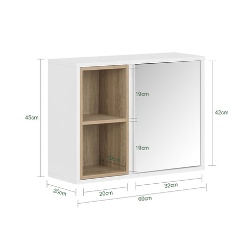 SoBuy BZR149-W Wandkast met spiegel voor badkamer, hangende opbergkast, hoge badkamerkast met deur en 2 open vakken