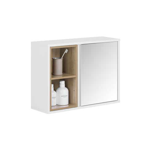 SoBuy BZR149-W Wandkast met spiegel voor badkamer, hangende opbergkast, hoge badkamerkast met deur en 2 open vakken