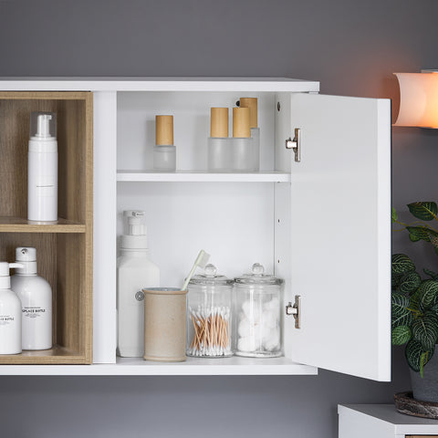 SoBuy BZR149-W Wandkast met spiegel voor badkamer, hangende opbergkast, hoge badkamerkast met deur en 2 open vakken