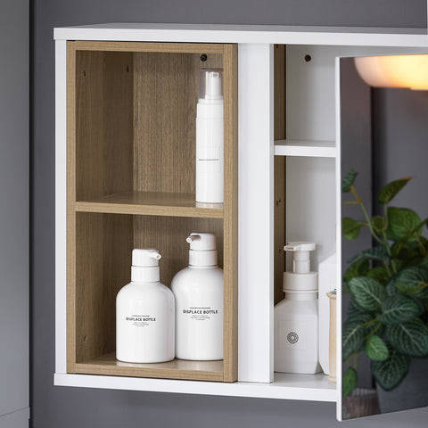 SoBuy BZR149-W Wandkast met spiegel voor badkamer, hangende opbergkast, hoge badkamerkast met deur en 2 open vakken