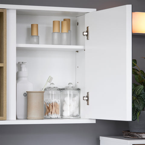 SoBuy BZR149-W Wandkast met spiegel voor badkamer, hangende opbergkast, hoge badkamerkast met deur en 2 open vakken