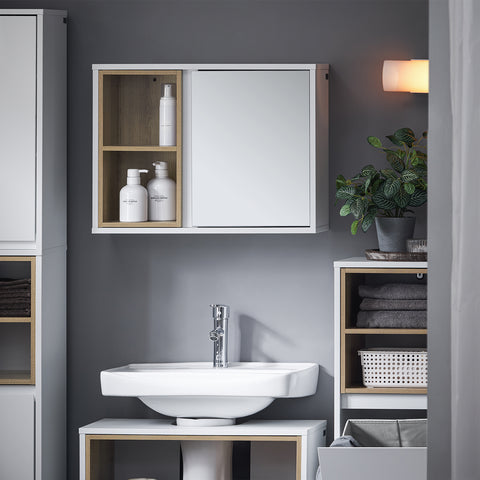 SoBuy BZR149-W Wandkast met spiegel voor badkamer, hangende opbergkast, hoge badkamerkast met deur en 2 open vakken