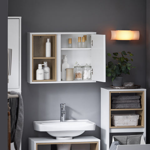 SoBuy BZR149-W Wandkast met spiegel voor badkamer, hangende opbergkast, hoge badkamerkast met deur en 2 open vakken