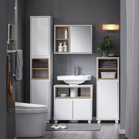 SoBuy BZR149-W Wandkast met spiegel voor badkamer, hangende opbergkast, hoge badkamerkast met deur en 2 open vakken