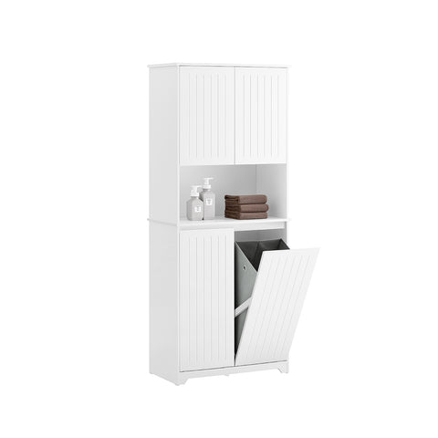SoBuy BZR150-W Hoge badkamerkast met waszak, badkamerkast met deuren, 2 afneembare wasmanden, verstelbare planken, vakken