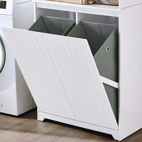 SoBuy BZR150-W Hoge badkamerkast met waszak, badkamerkast met deuren, 2 afneembare wasmanden, verstelbare planken, vakken