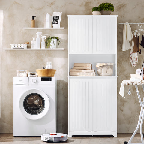 SoBuy BZR150-W Hoge badkamerkast met waszak, badkamerkast met deuren, 2 afneembare wasmanden, verstelbare planken, vakken