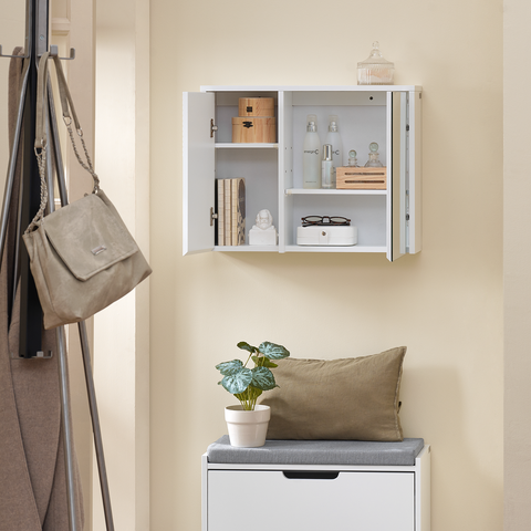 SoBuy BZR153-W Wandkast met spiegel, opbergkast, hoge kast met 2 deuren, verstelbare planken, 60x15x46 cm