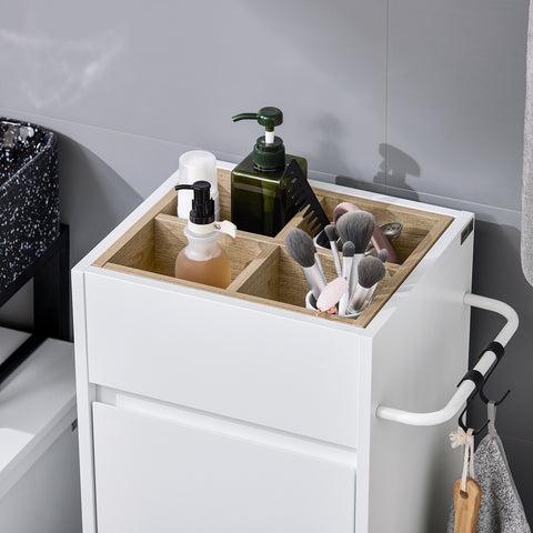 SoBuy BZR159-W Waskast, onderkast voor badkamer, wasmand, opbergkast met 4 kleine open vakken en 1 afneembare wasmand
