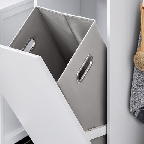 SoBuy BZR159-W Waskast, onderkast voor badkamer, wasmand, opbergkast met 4 kleine open vakken en 1 afneembare wasmand