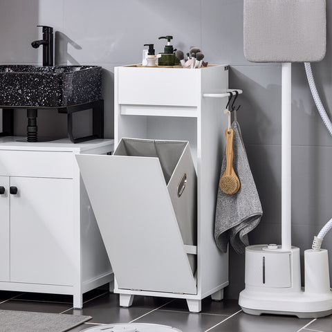 SoBuy BZR159-W Waskast, onderkast voor badkamer, wasmand, opbergkast met 4 kleine open vakken en 1 afneembare wasmand