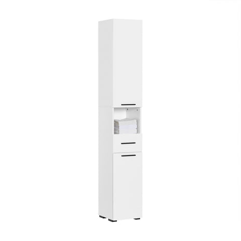 SoBuy BZR166-W Hoge kast met 2 deuren en 6 compartimenten opbergkast voor badkamer badkamerkast met open vakken smalle badkamerkast