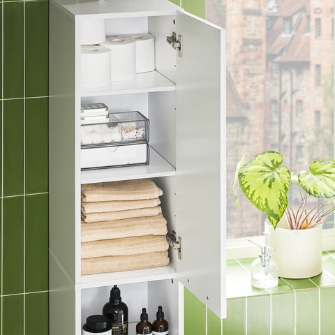 SoBuy BZR166-W Hoge kast met 2 deuren en 6 compartimenten opbergkast voor badkamer badkamerkast met open vakken smalle badkamerkast