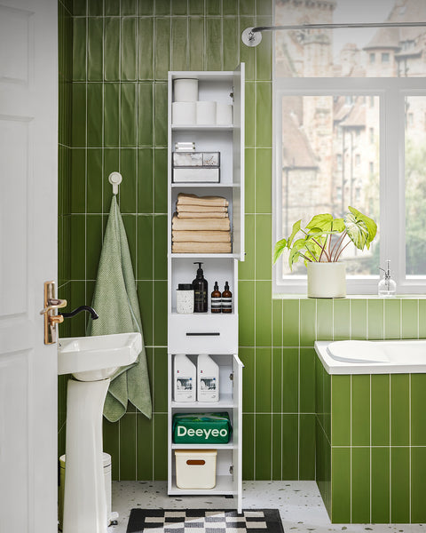 SoBuy BZR166-W Hoge kast met 2 deuren en 6 compartimenten opbergkast voor badkamer badkamerkast met open vakken smalle badkamerkast