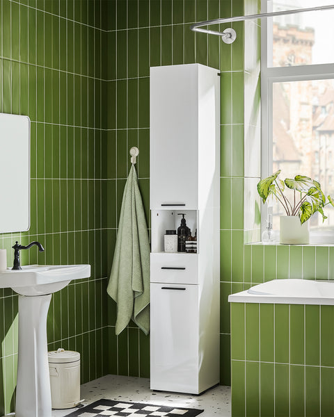 SoBuy BZR166-W Hoge kast met 2 deuren en 6 compartimenten opbergkast voor badkamer badkamerkast met open vakken smalle badkamerkast