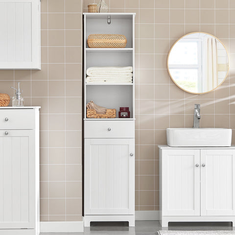 SoBuy BZR17-W Badkamerkast Hoge kast voor in de badkamer Badkamermeubel Opbergruimte Wit