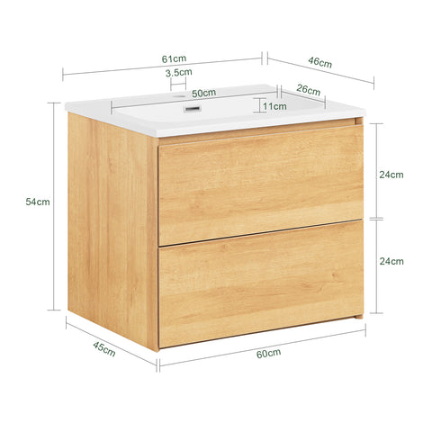 SoBuy BZR174-N Wastafelonderkast smal badkamerkast, wastafel, wastafel met onderkast, badmeubel, naturel, 61 x 54 x 46 cm
