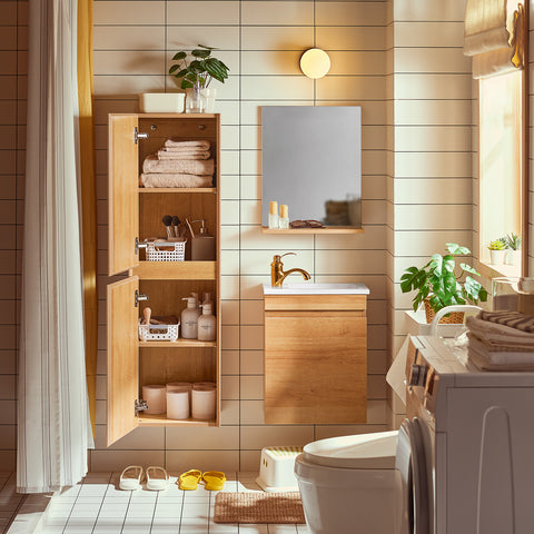 SoBuy BZR175-N Hoge kast, hangkast, opbergkast voor badkamer, smalle badkamerkast, hangend rek, naturel BHT ca. 35 x 120 x 30 cm