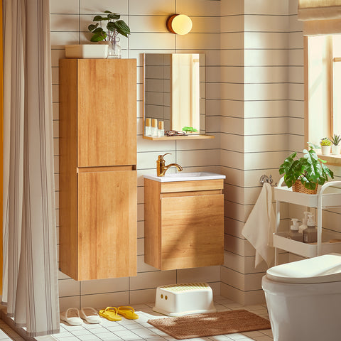 SoBuy BZR175-N Hoge kast, hangkast, opbergkast voor badkamer, smalle badkamerkast, hangend rek, naturel BHT ca. 35 x 120 x 30 cm