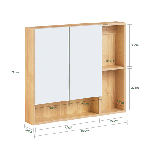 SoBuy BZR177-N Hangkast, spiegelkast, spiegel, opbergkast voor badkamer, badkamerkast met open vakken, naturel