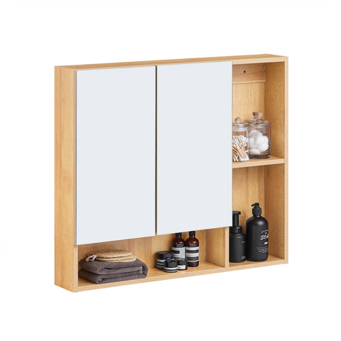 SoBuy BZR177-N Hangkast, spiegelkast, spiegel, opbergkast voor badkamer, badkamerkast met open vakken, naturel