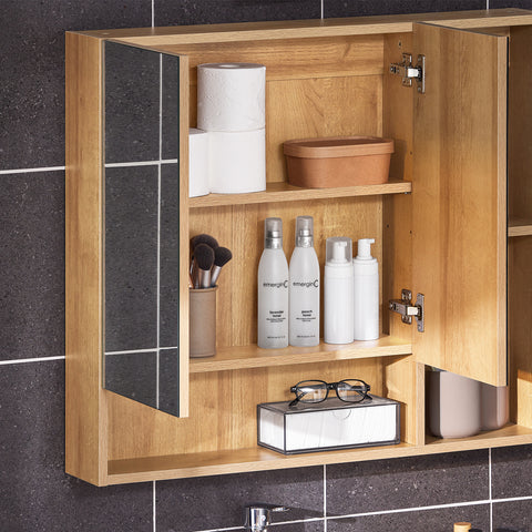 SoBuy BZR177-N Hangkast, spiegelkast, spiegel, opbergkast voor badkamer, badkamerkast met open vakken, naturel