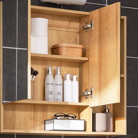 SoBuy BZR177-N Hangkast, spiegelkast, spiegel, opbergkast voor badkamer, badkamerkast met open vakken, naturel