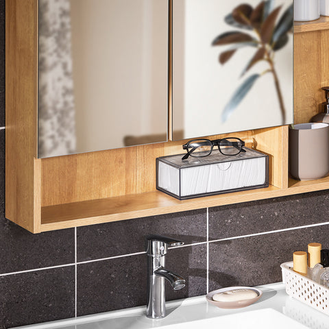 SoBuy BZR177-N Hangkast, spiegelkast, spiegel, opbergkast voor badkamer, badkamerkast met open vakken, naturel