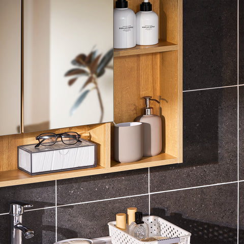 SoBuy BZR177-N Hangkast, spiegelkast, spiegel, opbergkast voor badkamer, badkamerkast met open vakken, naturel