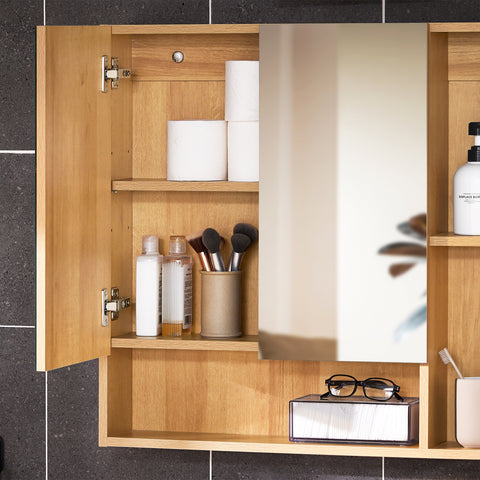 SoBuy BZR177-N Hangkast, spiegelkast, spiegel, opbergkast voor badkamer, badkamerkast met open vakken, naturel