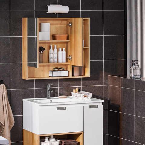 SoBuy BZR177-N Hangkast, spiegelkast, spiegel, opbergkast voor badkamer, badkamerkast met open vakken, naturel