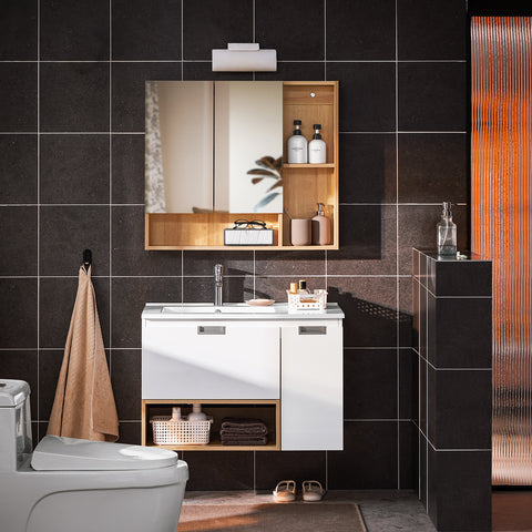 SoBuy BZR177-N Hangkast, spiegelkast, spiegel, opbergkast voor badkamer, badkamerkast met open vakken, naturel