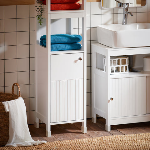 SoBuy BZR187-W Hoge kast met 2 deuren en 6 compartimenten opbergkast voor badkamer badkamerkast met open vakken smalle badkamerkast