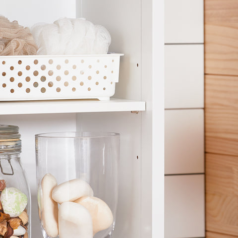 SoBuy BZR187-W Hoge kast met 2 deuren en 6 compartimenten opbergkast voor badkamer badkamerkast met open vakken smalle badkamerkast