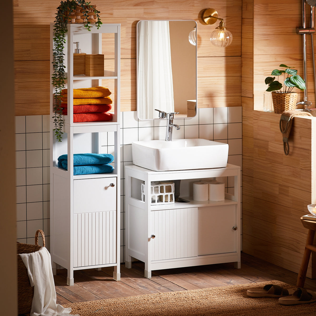 SoBuy Hoge kast met 2 deuren en 6 compartimenten opbergkast voor badkamer badkamerkast met open vakken smalle badkamerkast wit BHT ca. 30x182x31cm BZR166-W