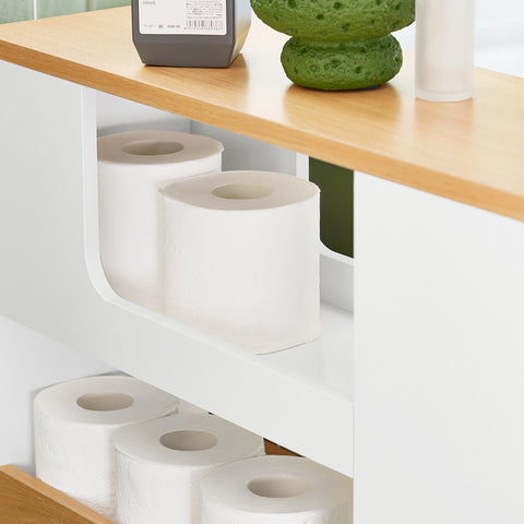 SoBuy BZR190-WN Toiletpapierhouder, Toiletpapierhouder, Badkamermeubel op wieltjes, wit en natuur