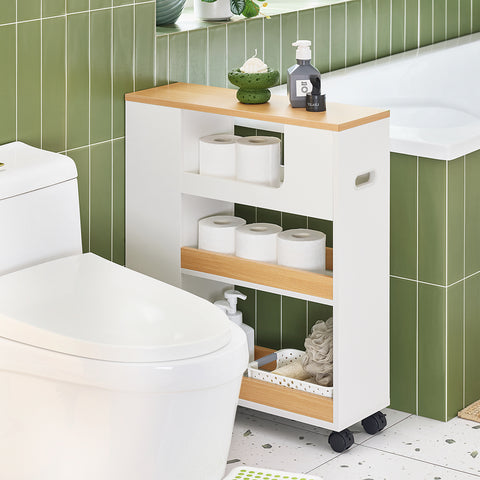 SoBuy BZR190-WN Toiletpapierhouder, Toiletpapierhouder, Badkamermeubel op wieltjes, wit en natuur